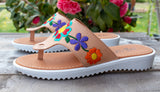 WOMENS LEATHER EMBROIDERED SLIP ON HUARACHE MEXICAN SANDAL