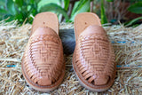 WOMENS TAN LEATHER SLIP ON HUARACHE MEXICAN SANDAL