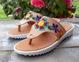 WOMENS LEATHER EMBROIDERED SLIP ON HUARACHE MEXICAN SANDAL