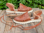 WOMENS BROWN LEATHER LACE UP BROWN HUARACHE MEXICAN SANDALS