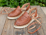 WOMENS BROWN LEATHER LACE UP BROWN HUARACHE MEXICAN SANDALS